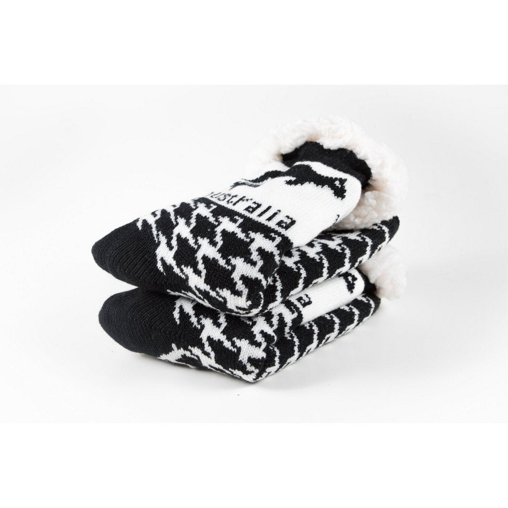 Cosy home socks for women with fluffy inner lining and non slip bottom in black kangaroo print, close up showing thickness