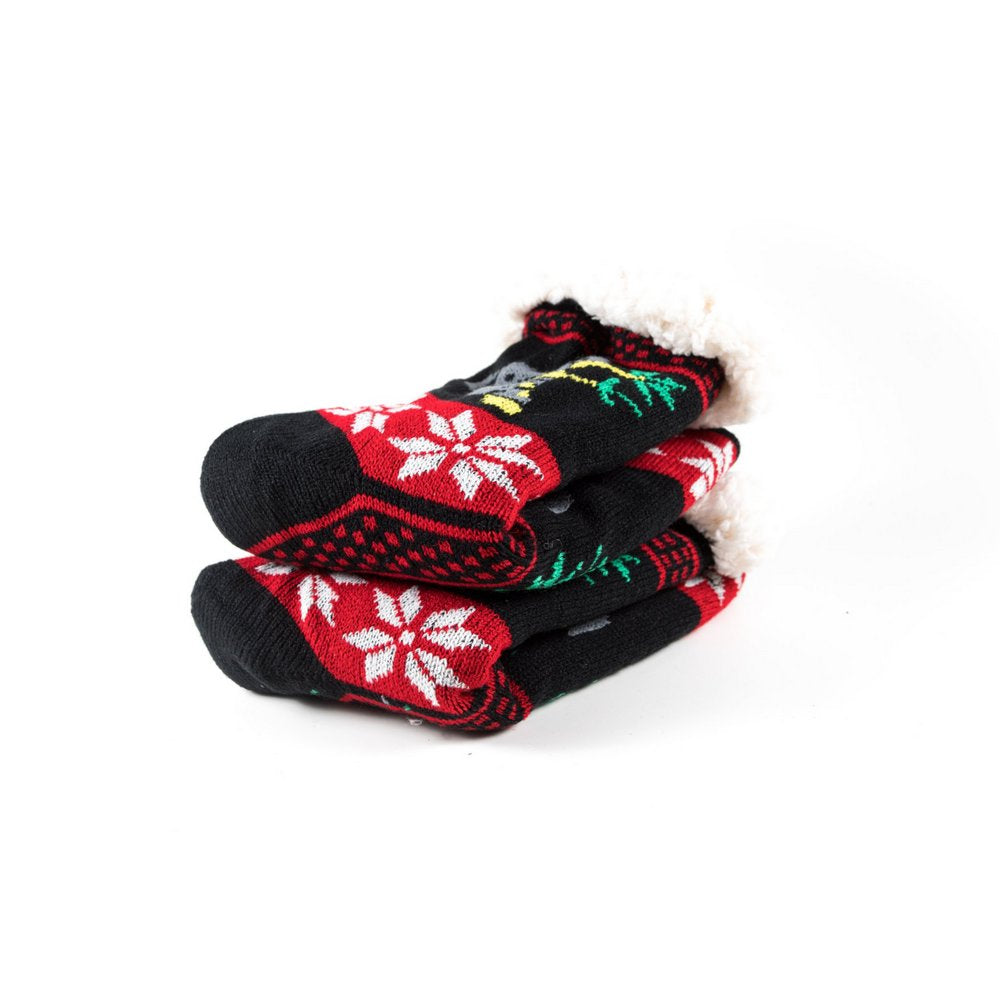 Cosy home socks for women with fluffy inner lining and non slip bottom in black koala print, close up showing thickness