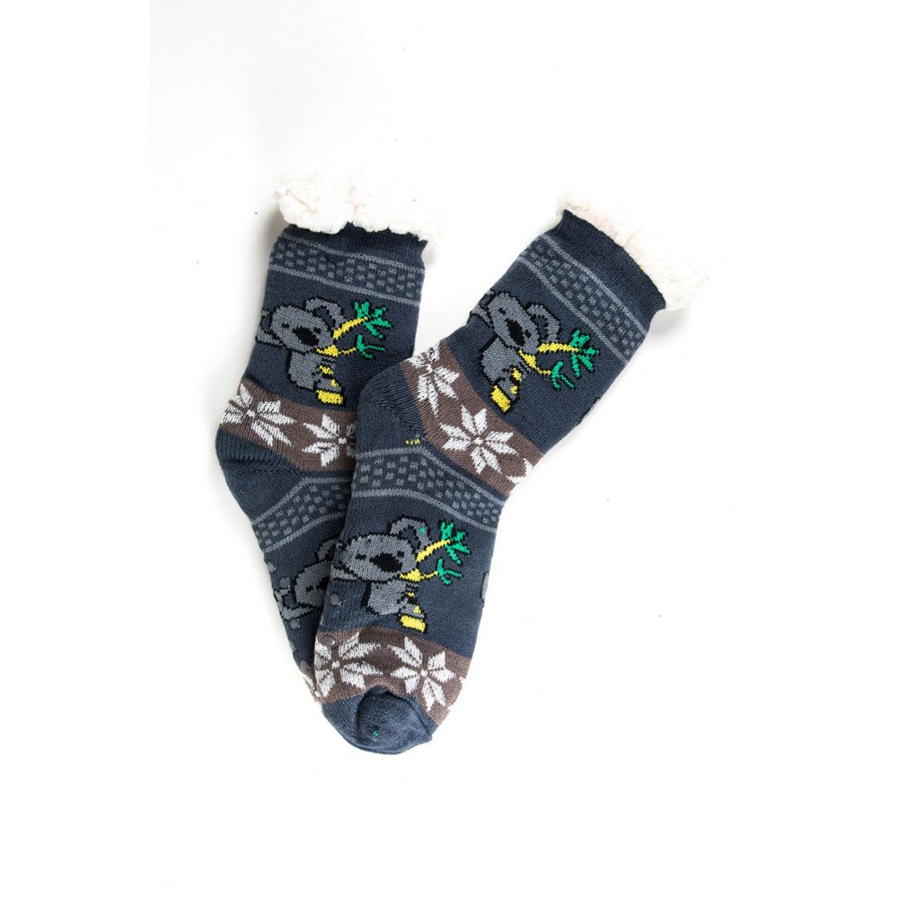 Cosy home socks for women with fluffy inner lining and non slip bottom in dark grey koala print, flat lay showing print