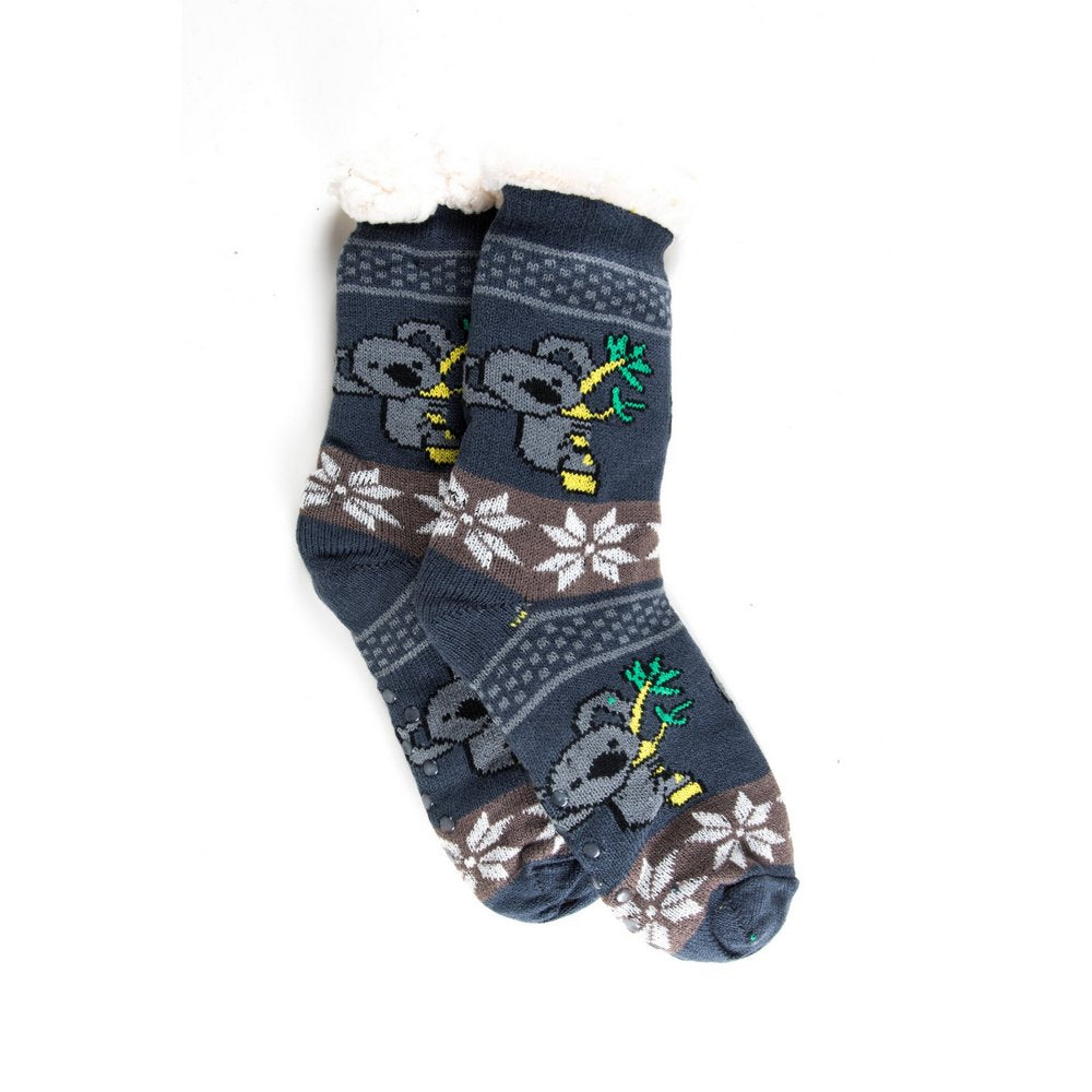 Cosy home socks for women with fluffy inner lining and non slip bottom in dark grey koala print, flat lay showing length