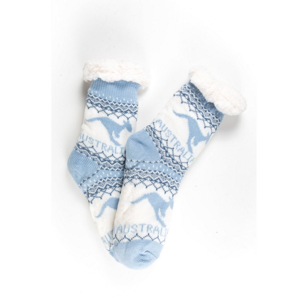 Cosy home socks for women with fluffy inner lining and non slip bottom in blue kangaroo print, flat lay showing print