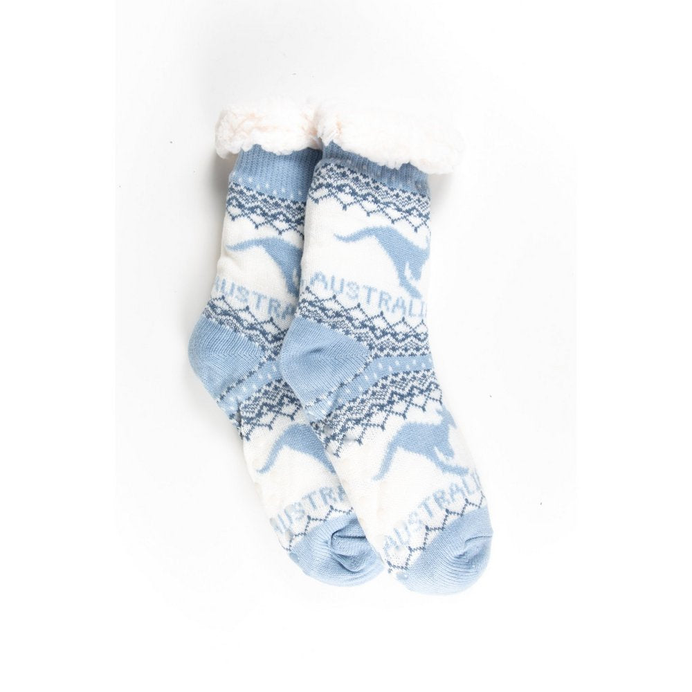 Cosy home socks for women with fluffy inner lining and non slip bottom in blue kangaroo print, flat lay showing length