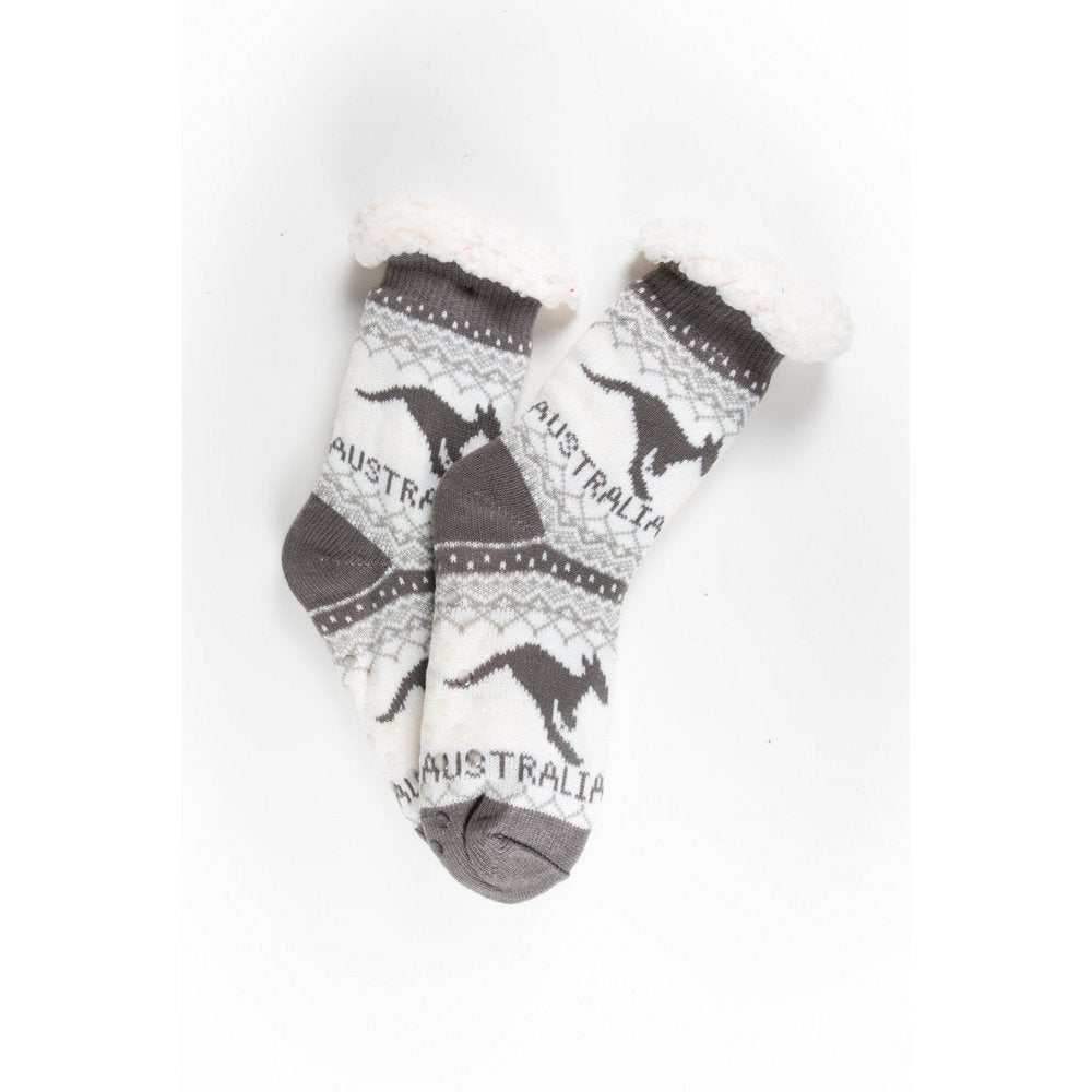 Cosy home socks for women with fluffy inner lining and non slip bottom in grey kangaroo print, flat lay showing print