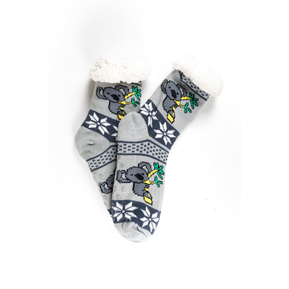 Cosy home socks for women with fluffy inner lining and non slip bottom in grey koala print, flat lay showing print