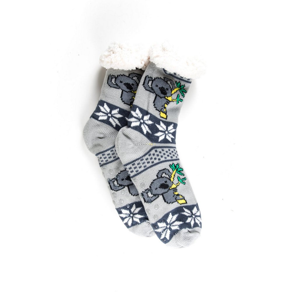 Cosy home socks for women with fluffy inner lining and non slip bottom in grey koala print, flat lay showing length