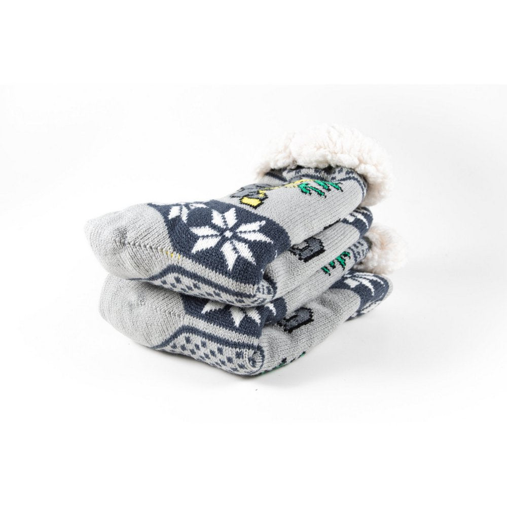 Cosy home socks for women with fluffy inner lining and non slip bottom in grey koala print, close up showing thickness