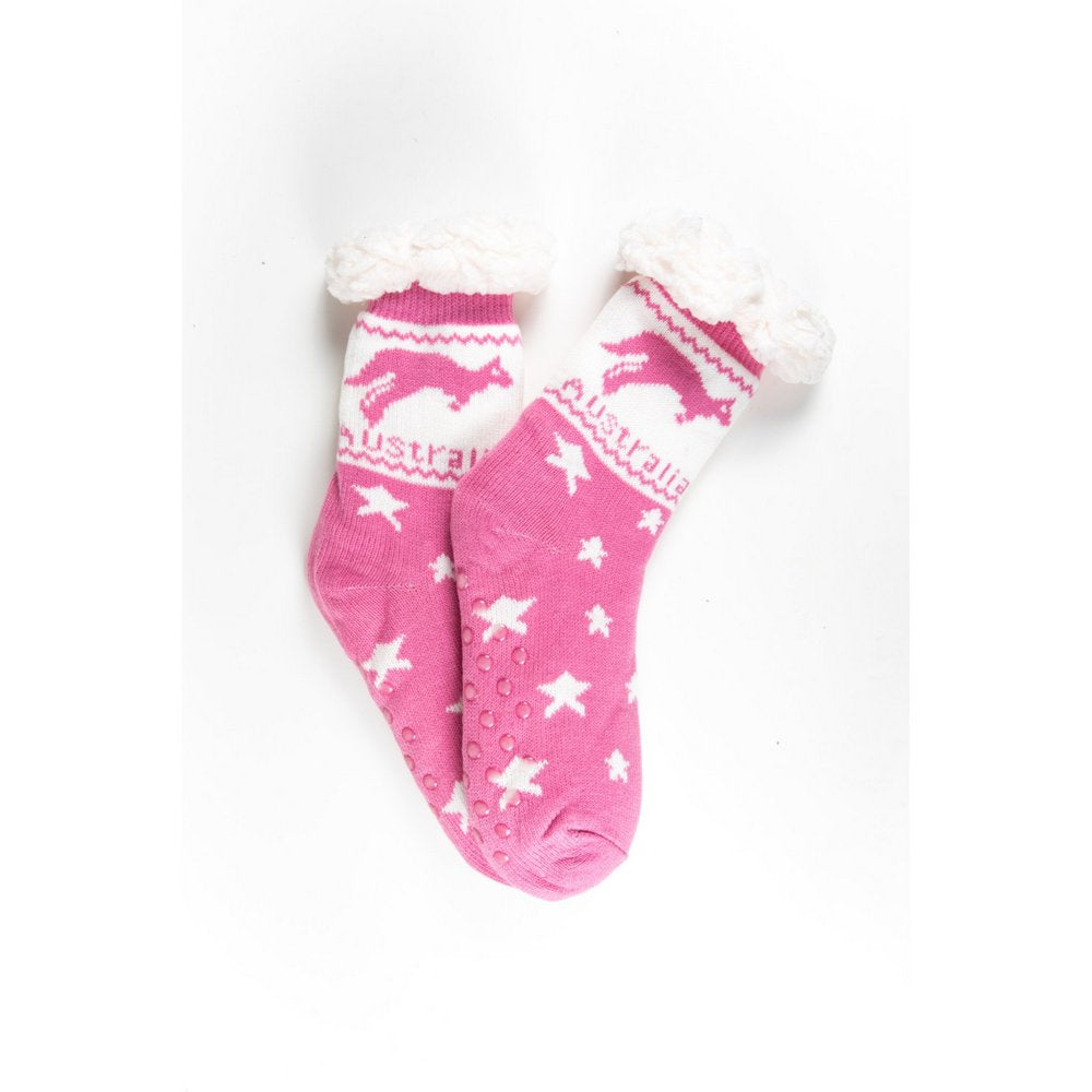 Cosy home socks for women with fluffy inner lining and non slip bottom in pink kangaroo print, flat lay showing print