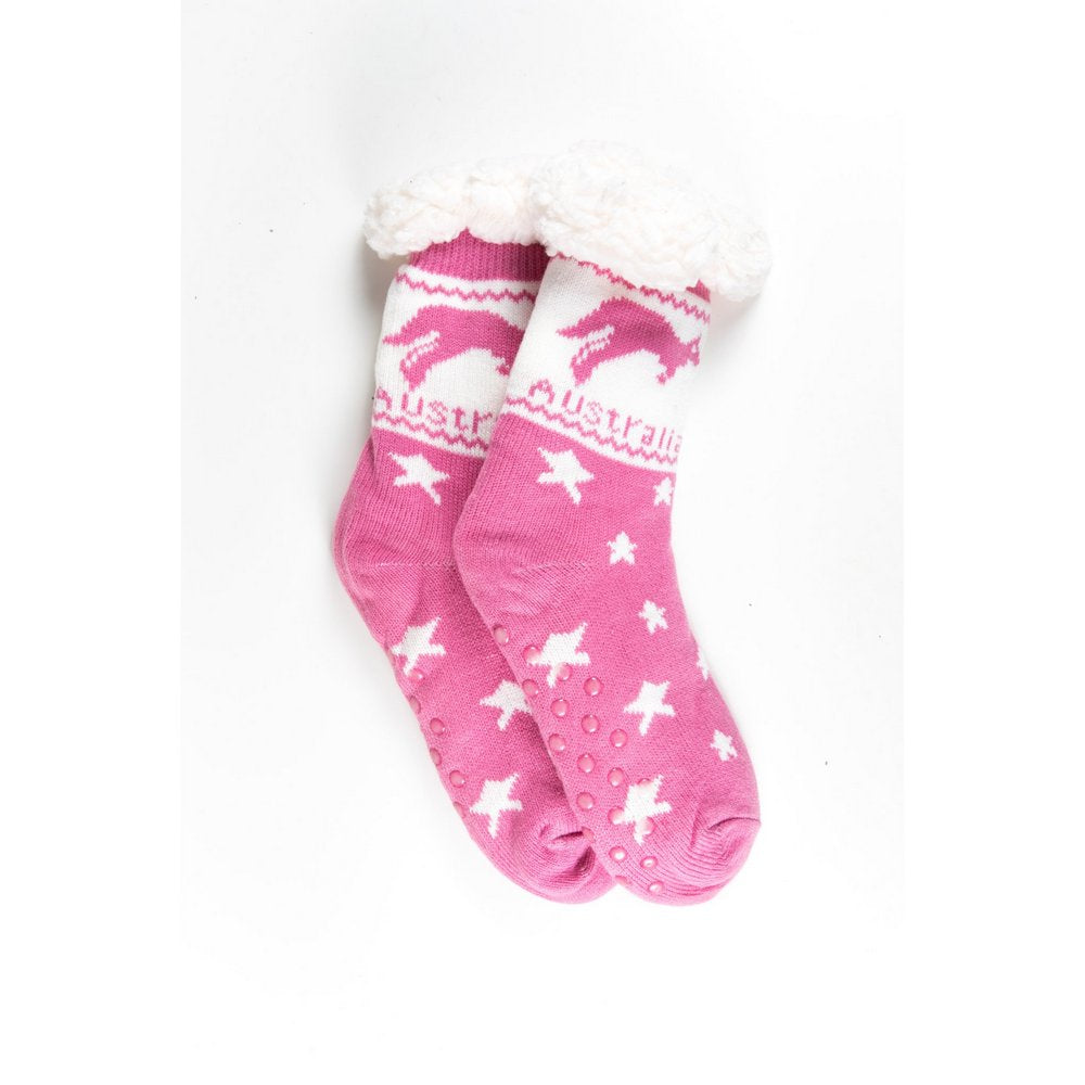 Cosy home socks for women with fluffy inner lining and non slip bottom in pink kangaroo print, flat lay showing length