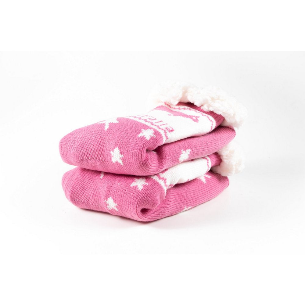 Cosy home socks for women with fluffy inner lining and non slip bottom in pink kangaroo print, close up showing thickness