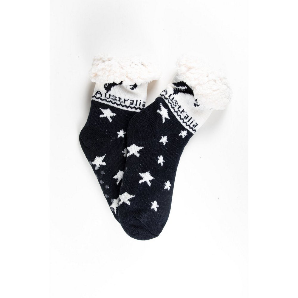 Cosy home socks for women with fluffy inner lining and non slip bottom in navy kangaroo print, flat lay showing print