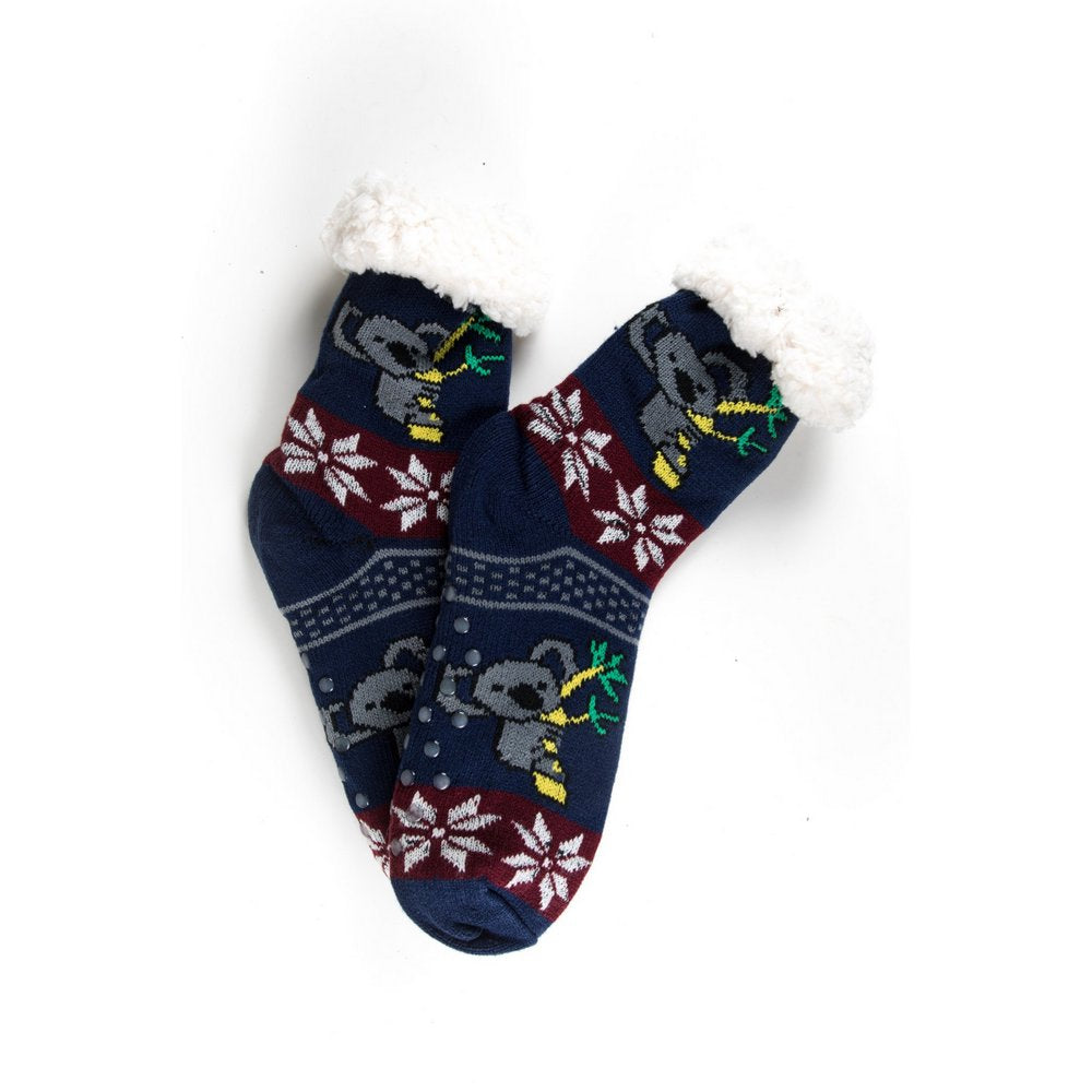 Cosy home socks for women with fluffy inner lining and non slip bottom in navy koala print, flat lay showing print
