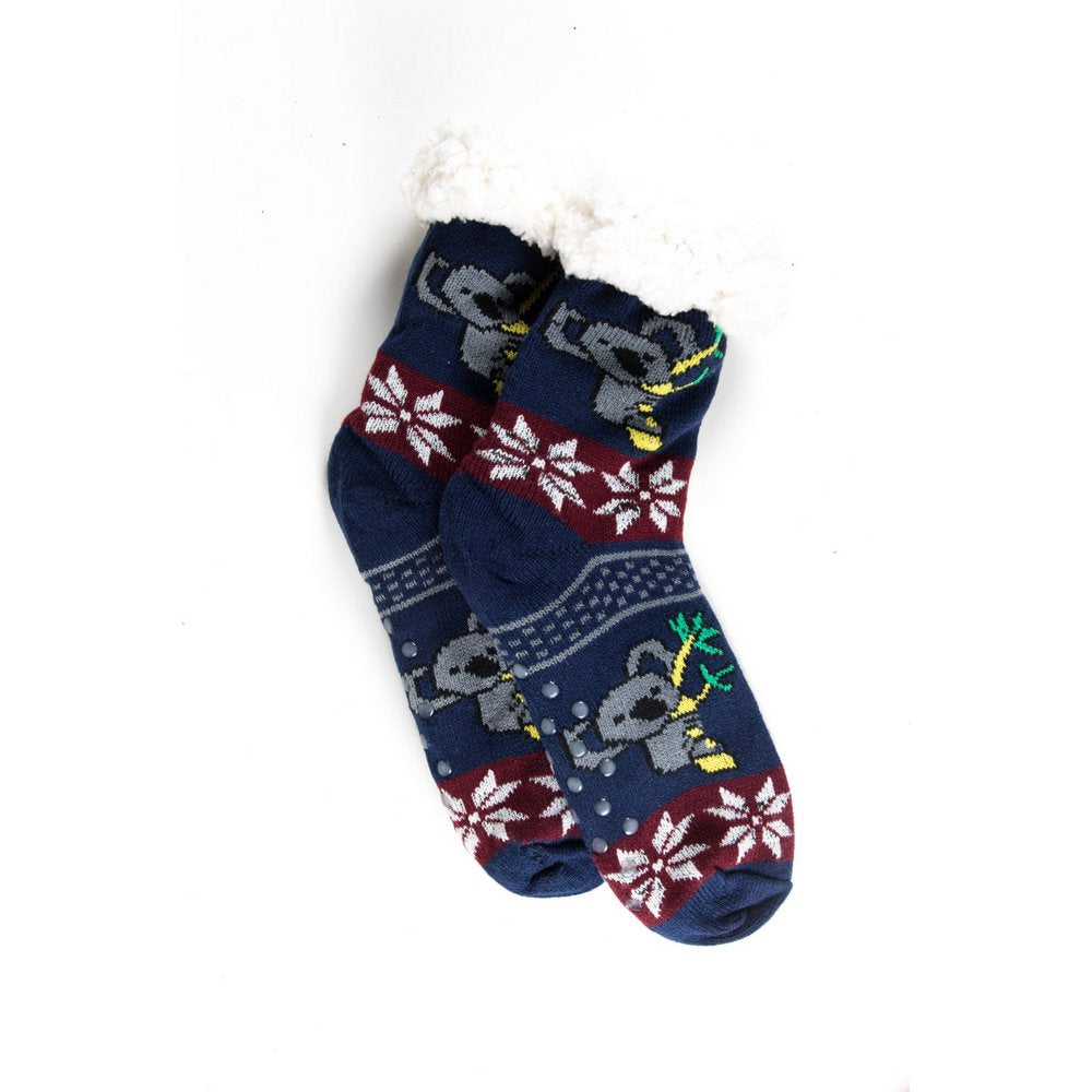 Cosy home socks for women with fluffy inner lining and non slip bottom in navy koala print, flat lay showing length