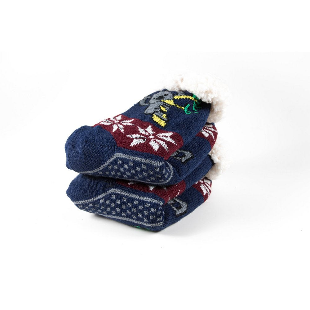 Cosy home socks for women with fluffy inner lining and non slip bottom in navy koala print, close up showing thickness