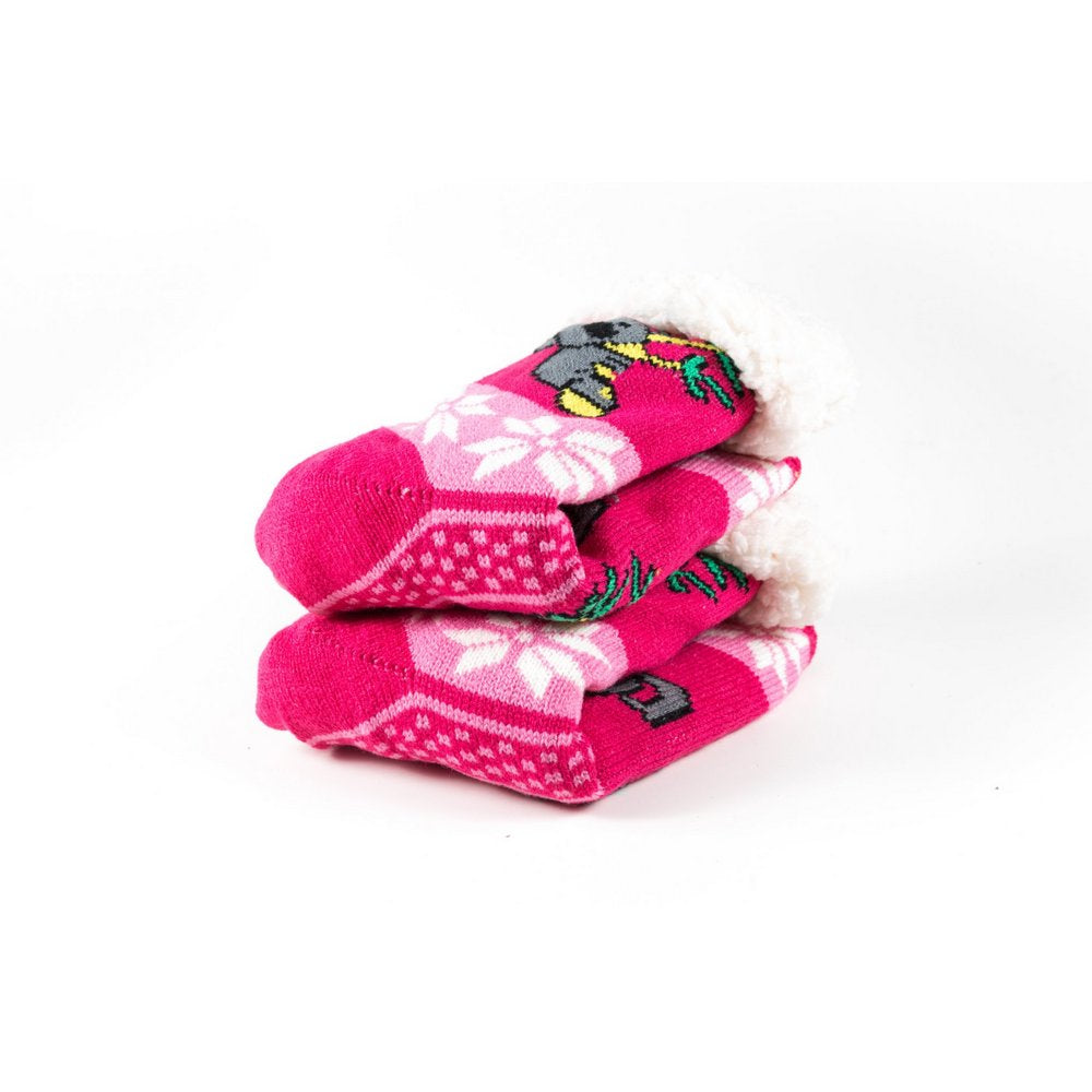 Cosy home socks for women with fluffy inner lining and non slip bottom in hot pink koala print, close up showing thickness
