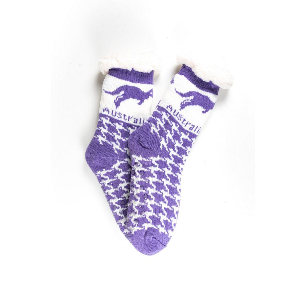 Cosy home socks for women with fluffy inner lining and non slip bottom in purple kangaroo print, flat lay showing print