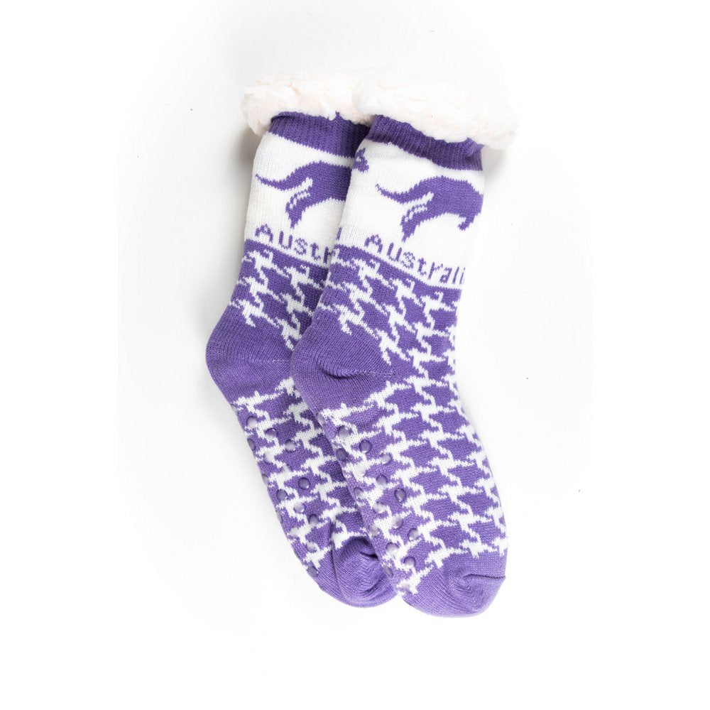 Cosy home socks for women with fluffy inner lining and non slip bottom in purple kangaroo print, flat lay showing length