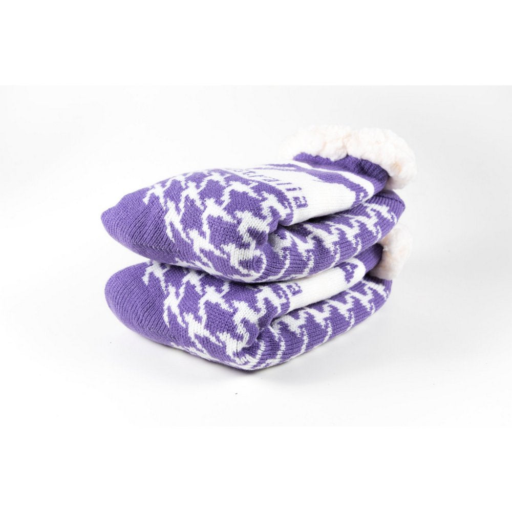 Cosy home socks for women with fluffy inner lining and non slip bottom in purple kangaroo print, close up showing thickness