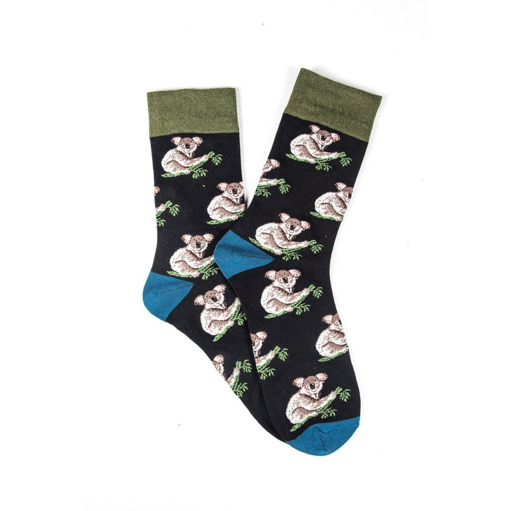 Funky novelty colourful socks for men and women in black koala print, fanned flat lay showing print