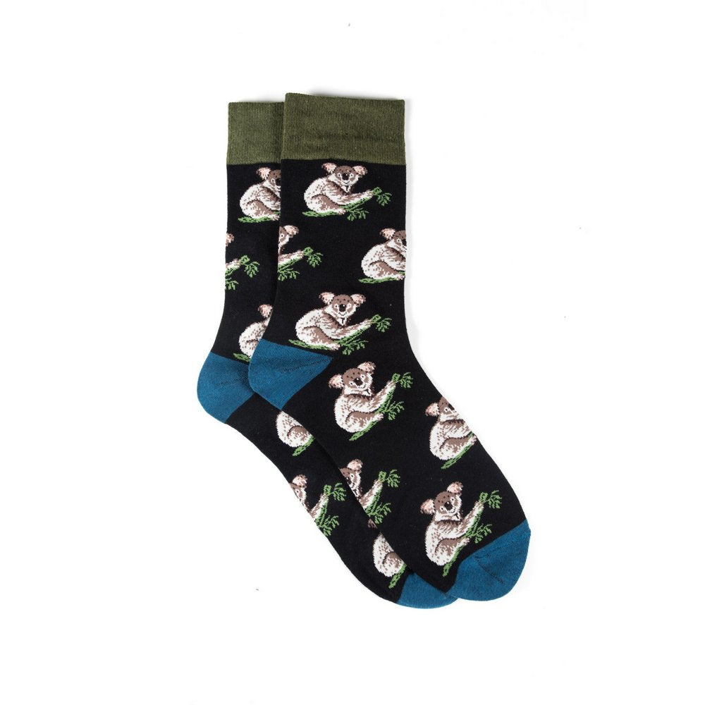 Funky novelty colourful socks for men and women in black koala print, vertical flat lay showing length