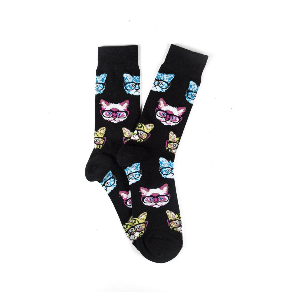 Funky novelty colourful socks for men and women in black cat print, fanned flat lay showing pattern