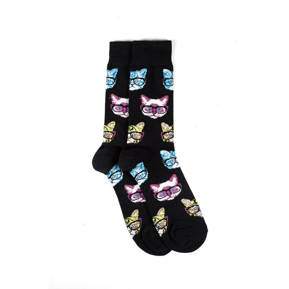 Funky novelty colourful socks for men and women in black cat print, vertical flat lay showing length