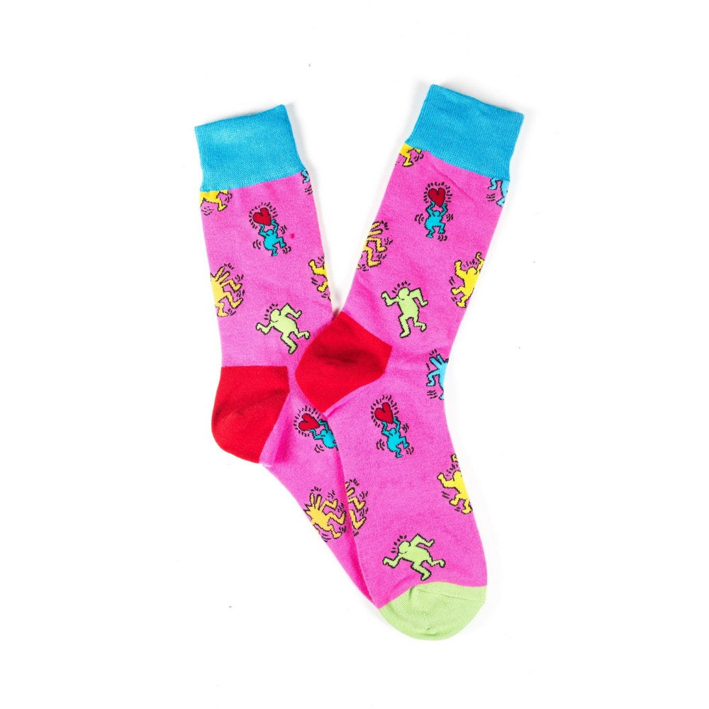Funky novelty colourful socks for men and women in pink dancing people, fanned flat lay showing pattern