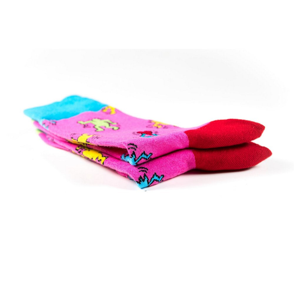 Funky novelty colourful socks for men and women in pink dancing people, close up showing thickness