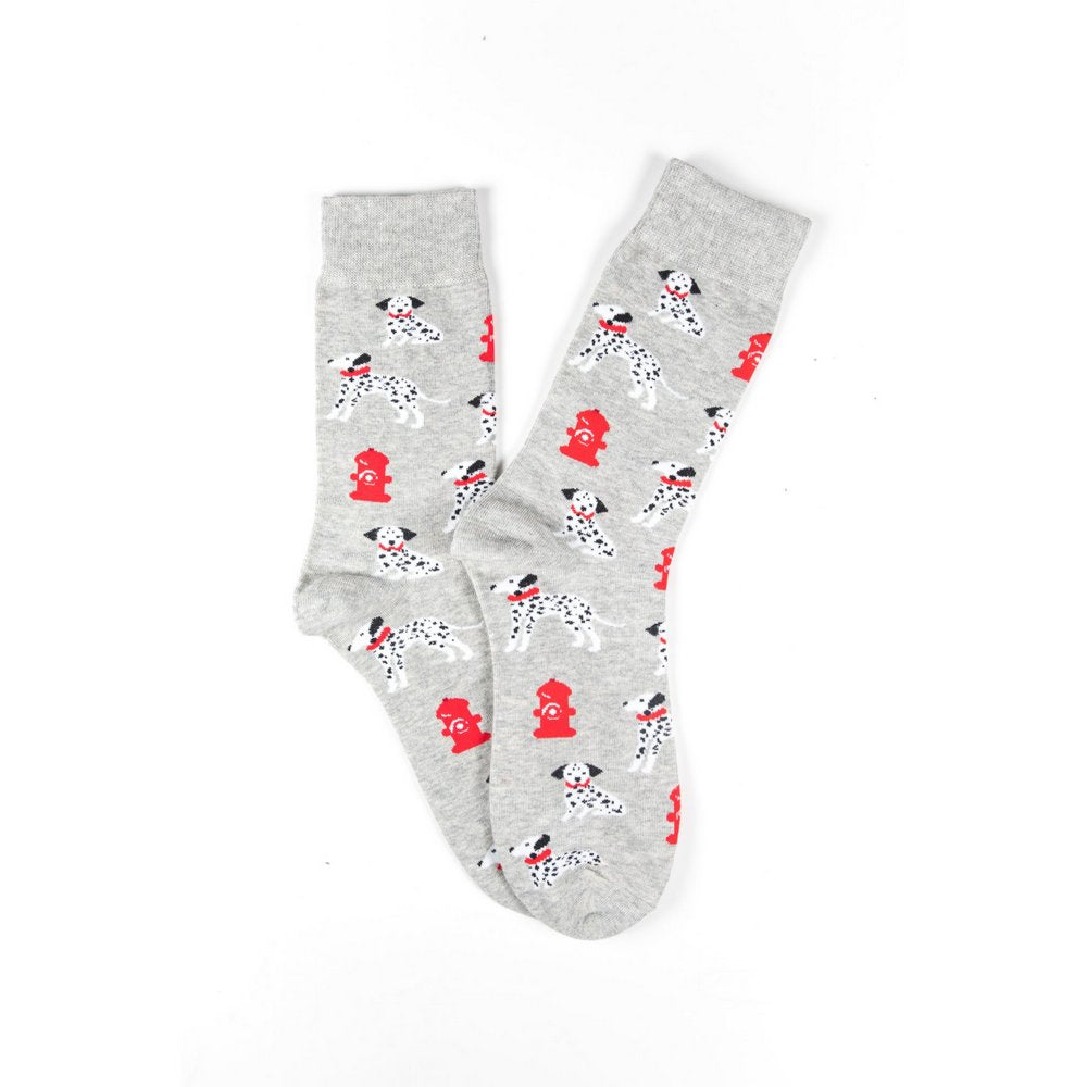 Funky novelty colourful socks for men and women in dalmation dog print, fanned flat lay showing pattern
