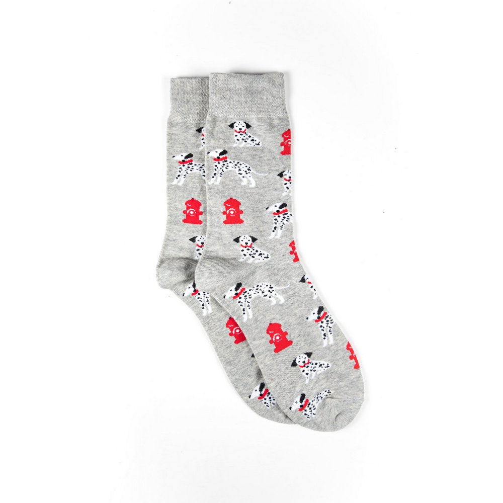 Funky novelty colourful socks for men and women in dalmation dog print, vertical flat lay showing length