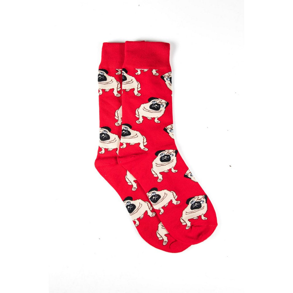 Funky novelty colourful socks for men and women in pug dog print, vertical flat lay showing length