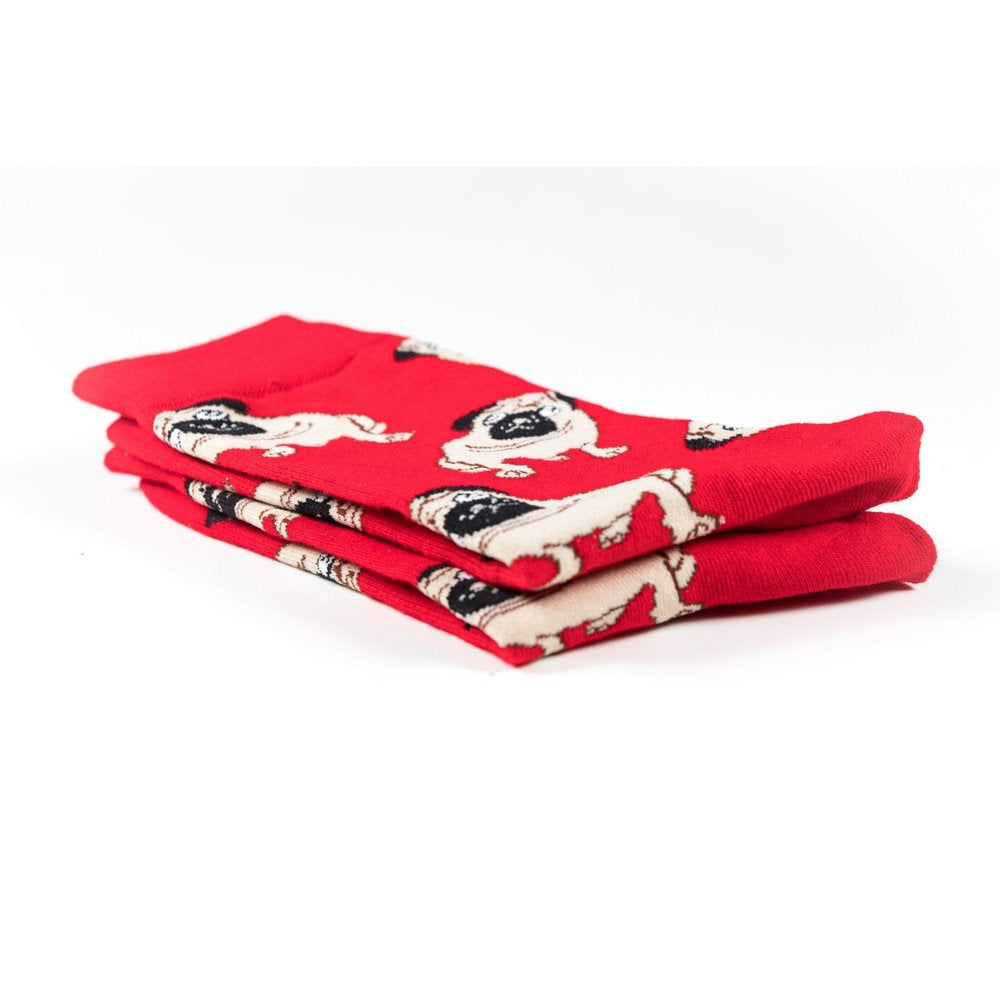 Funky novelty colourful socks for men and women in pug dog print, close up showing thickness