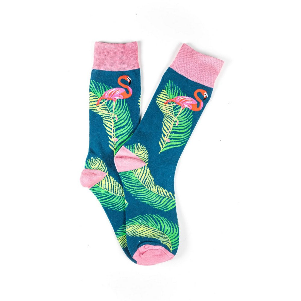 Funky novelty colourful socks for men and women in blue flamingo print, fanned flat lay showing pattern