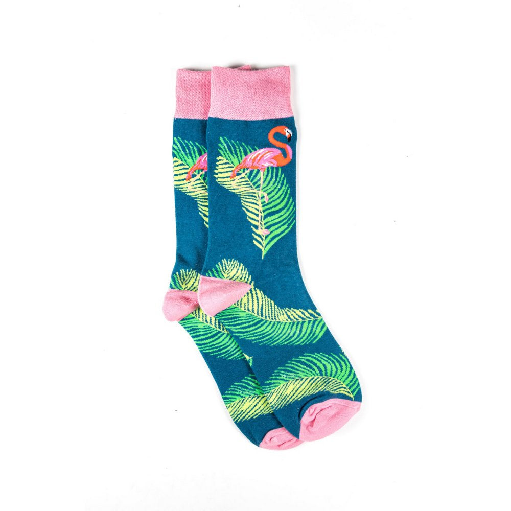 Funky novelty colourful socks for men and women in blue flamingo print, vertical flat lay showing length