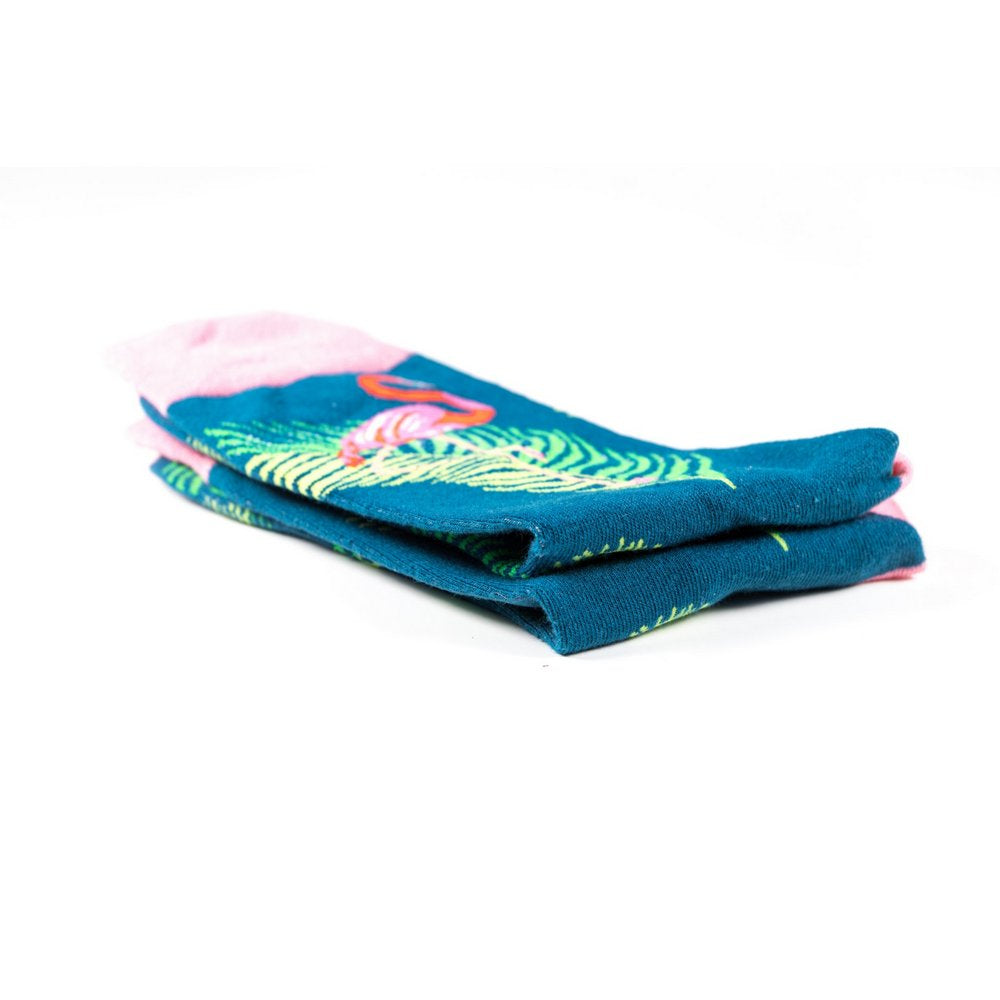 Funky novelty colourful socks for men and women in blue flamingo print, close up showing thickness
