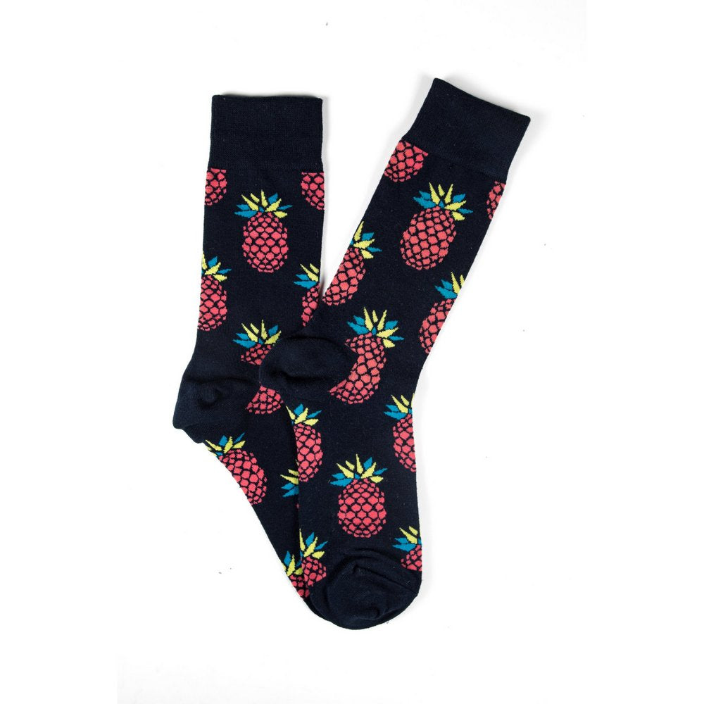 Funky novelty colourful socks for men and women in black pineapple print, fanned flat lay showing pattern