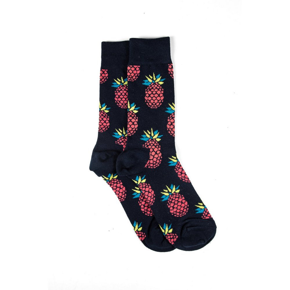 Funky novelty colourful socks for men and women in black pineapple print, vertical flat lay showing length