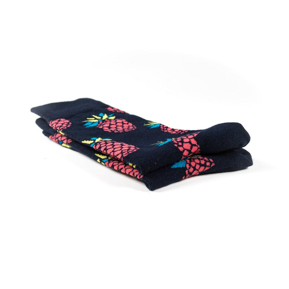 Funky novelty colourful socks for men and women in black pineapple print, close up showing thickness