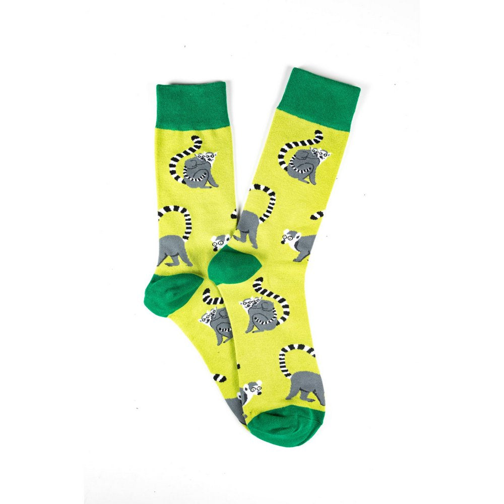 Funky novelty colourful socks for men and women in yellow lemur print, fanned flat lay showing print