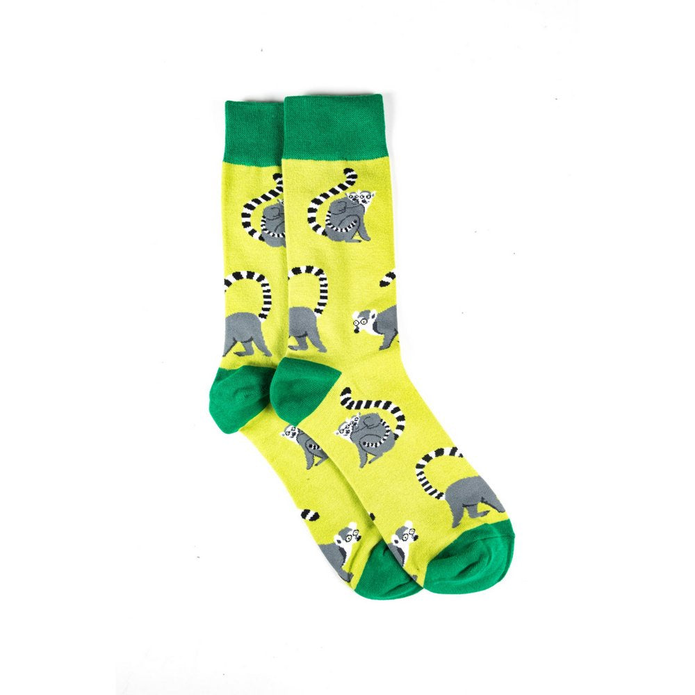 Funky novelty colourful socks for men and women in yellow lemur print, vertical flat lay showing length