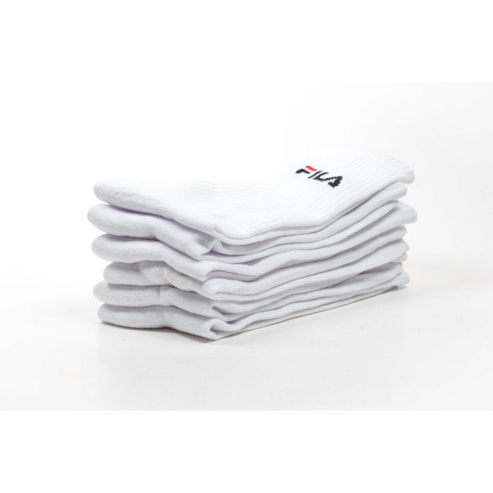 FILA Cushion Foot Crew Sports Socks 3-pack in white, FILA logo and view from side