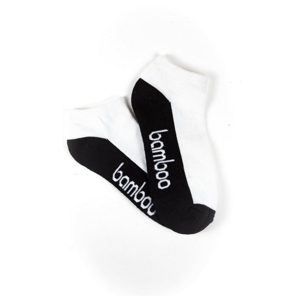 Men's Bamboo Cushion Foot Anklet Sports Socks in white with black sole, fanned flat lay