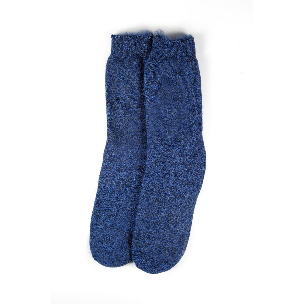 Mens thick thermal socks in blue marle, vertical flat lay showing length