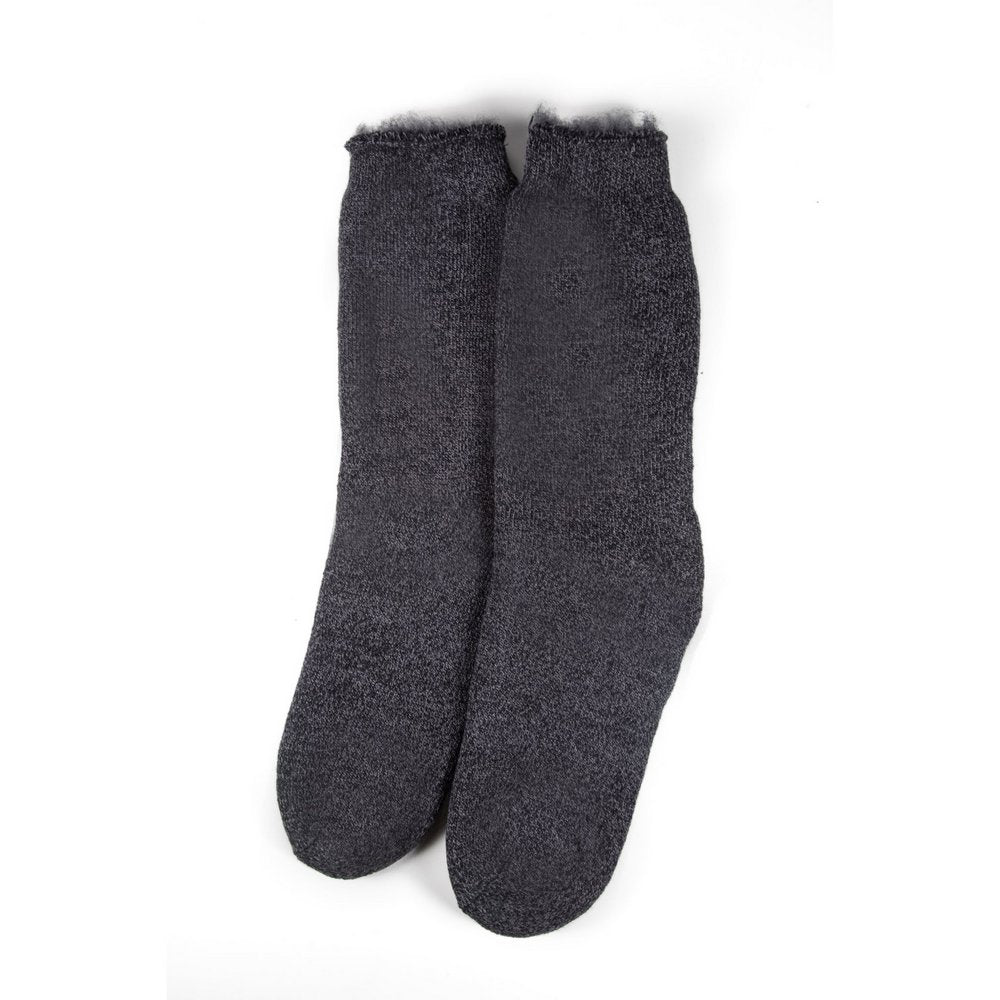 Mens thick thermal socks in dark grey marle, vertical flat lay showing length