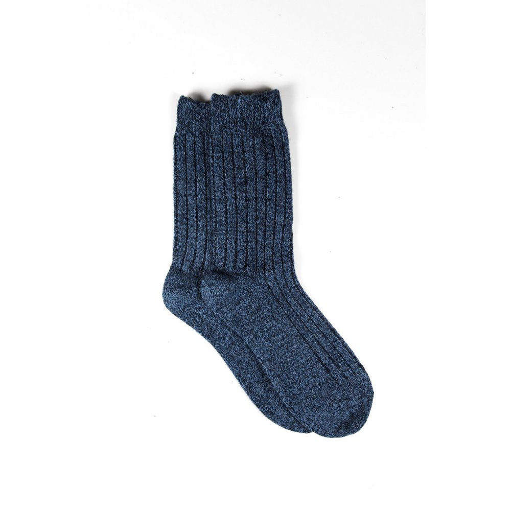 Mens wool socks melbourne in blue marle, vertical flat lay showing length