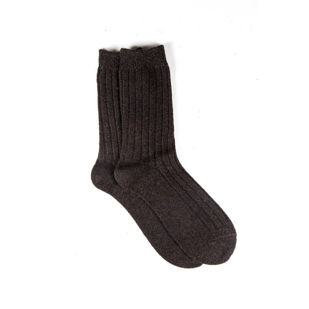 Mens wool socks melbourne in chocolate brown marle, vertical flat lay showing length
