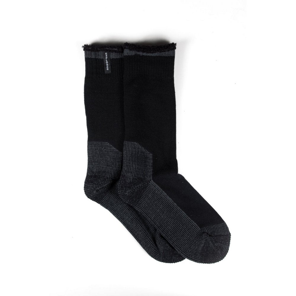 Mens explorer socks, black outdoor work socks Australia, fanned flat lay showing crew length