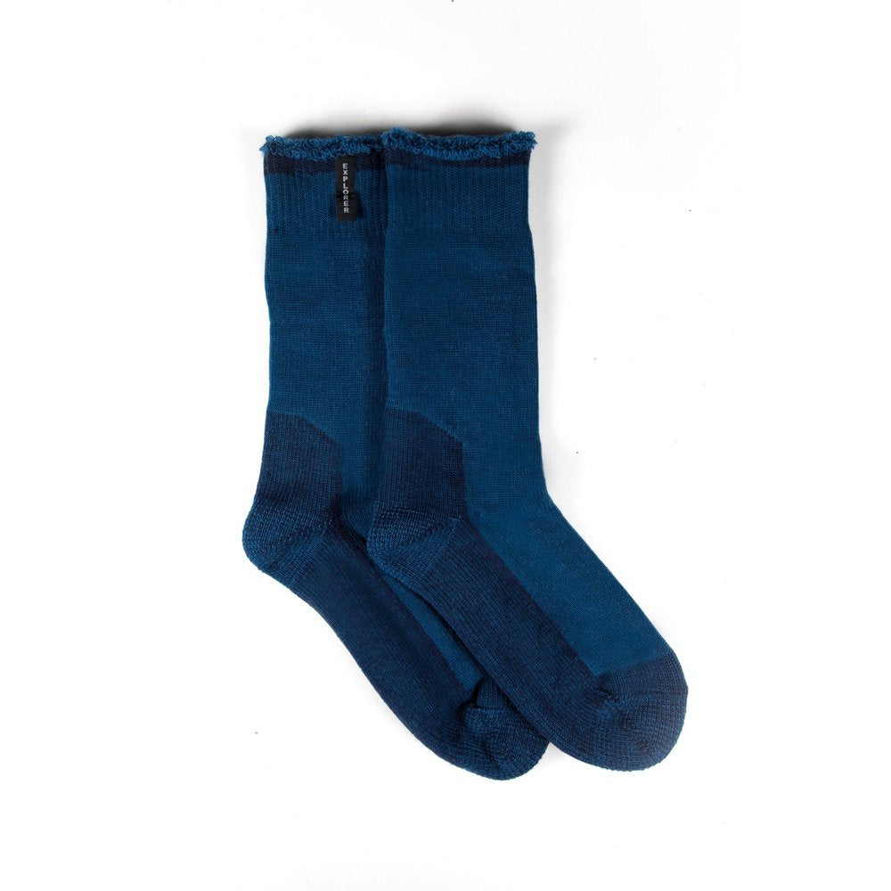 Mens explorer socks, blue marle outdoor work socks australia, vertical flat lay showing crew length