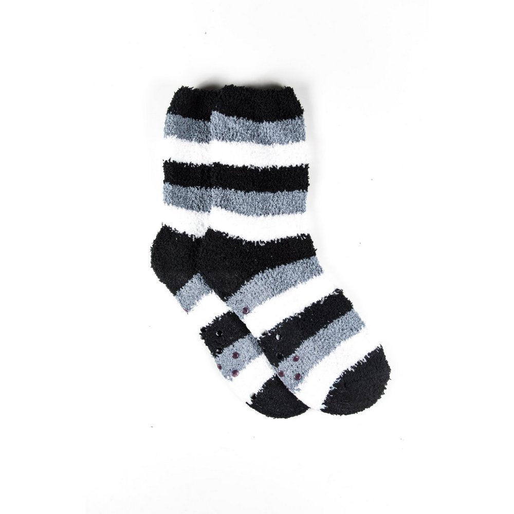 Cosy bed socks for women with non-slip bottoms in black grey stripes, flat lay showing length