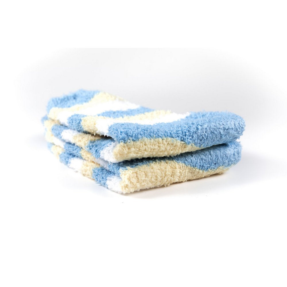 Cosy bed socks for women with non-slip bottoms in baby blue yellow stripes, close up showing thickness