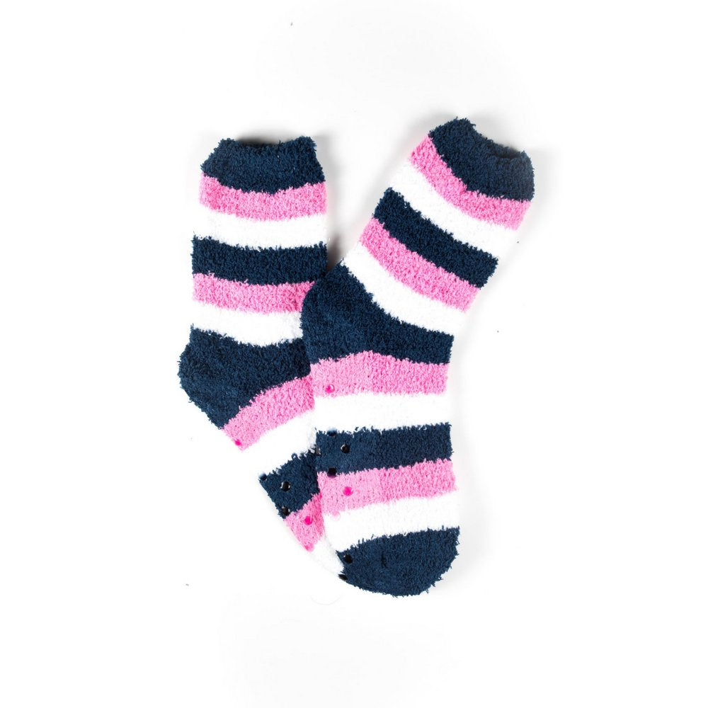 Cosy bed socks for women with non-slip bottoms in navy pink stripes, flat lay showing pattern